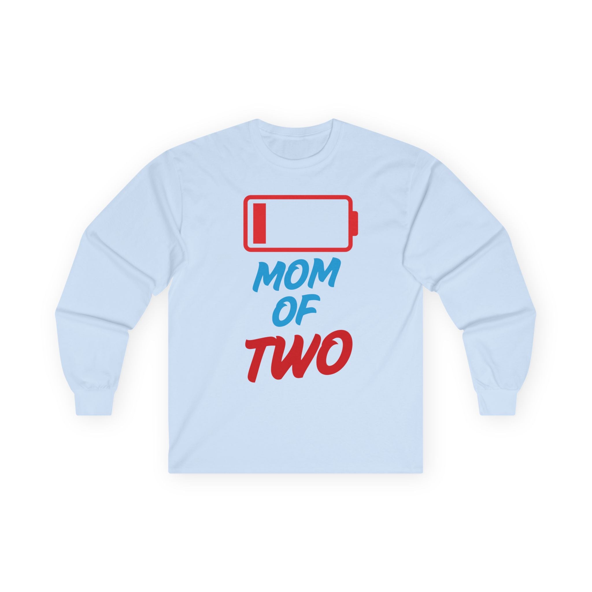 Mom of Two Low Battery Long Sleeve Tee — Funny Mom Shirt for New Mothers, Mother’s Day Gift
