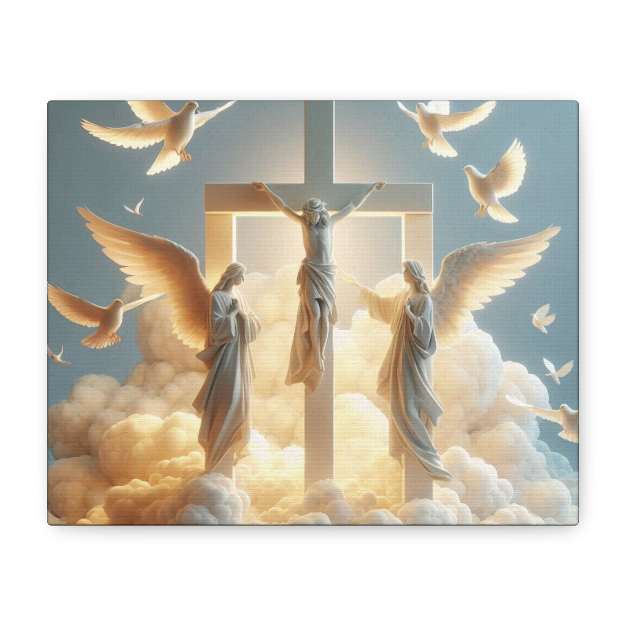 "Divine Light" Jesus on Cross Canvas | Christian Wall Art with Angels & Doves