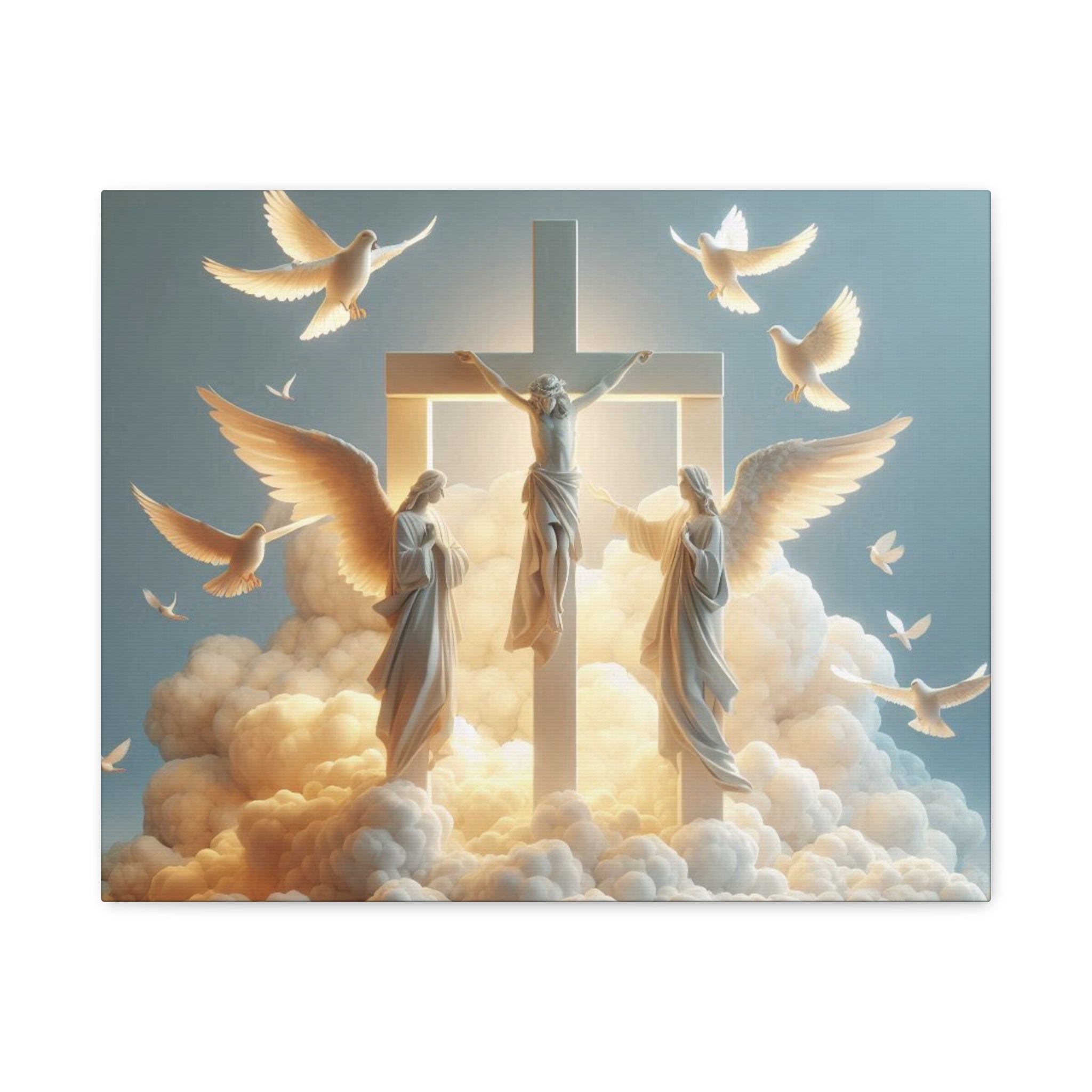 "Divine Light" Jesus on Cross Canvas | Christian Wall Art with Angels & Doves