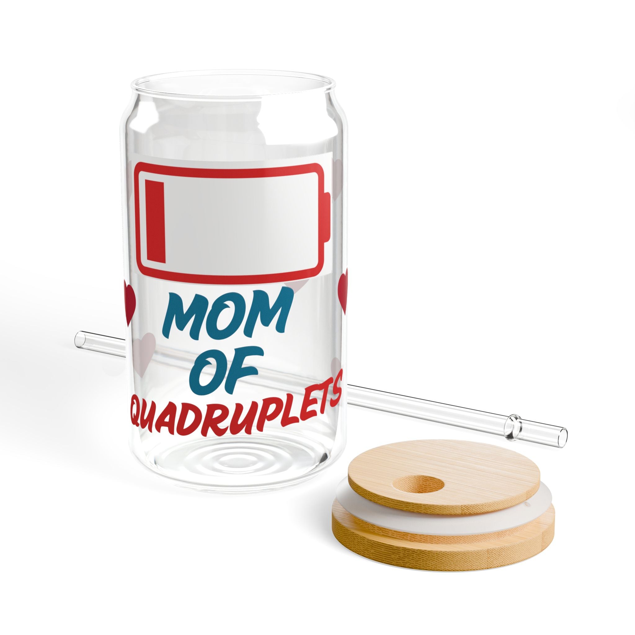 Mom of Quadruplets Glass Can Tumbler | Iced Coffee Cup with Bamboo Lid & Straw