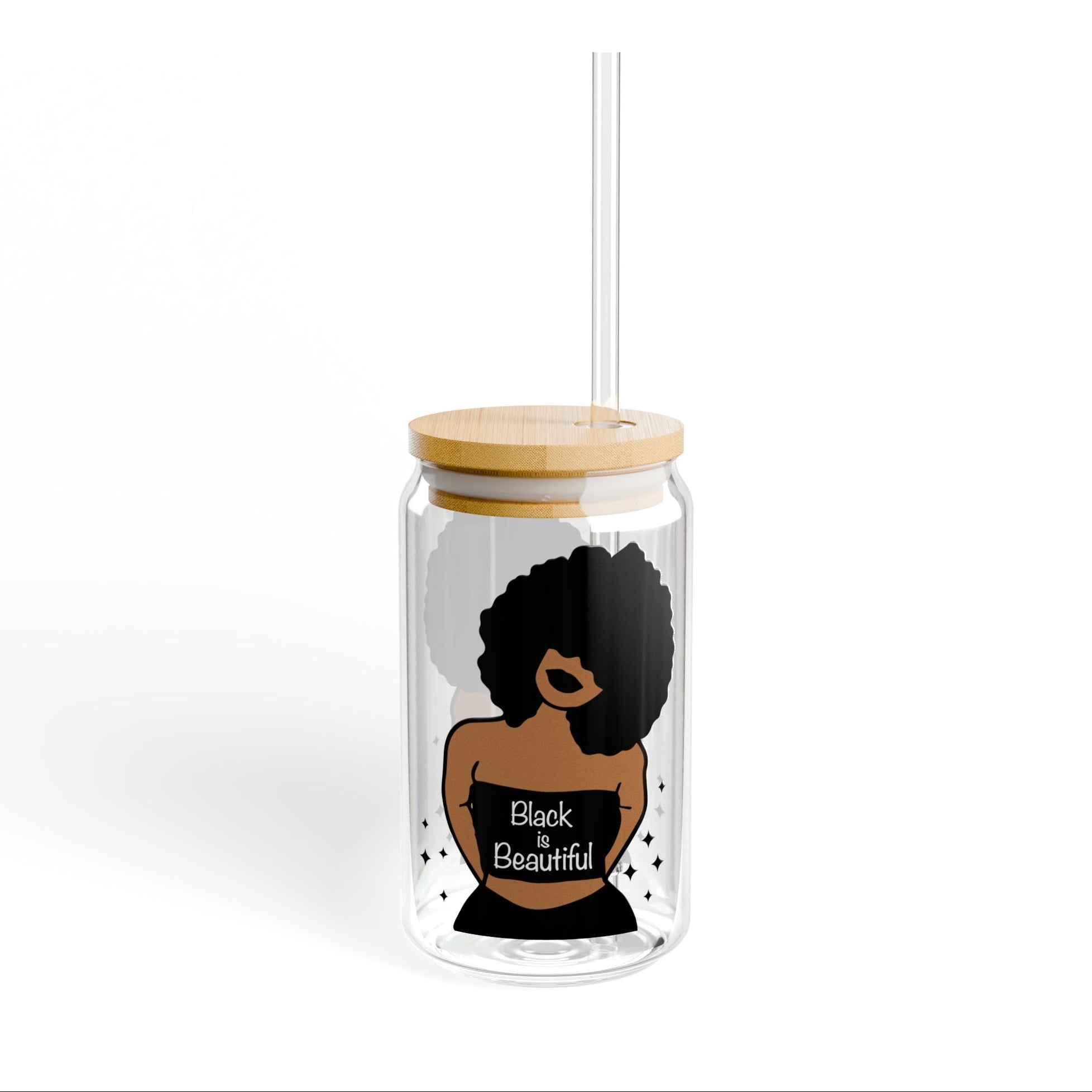 Tumbler with a design of a woman's silhouette and 'Black is Beautiful' text, on a white background.