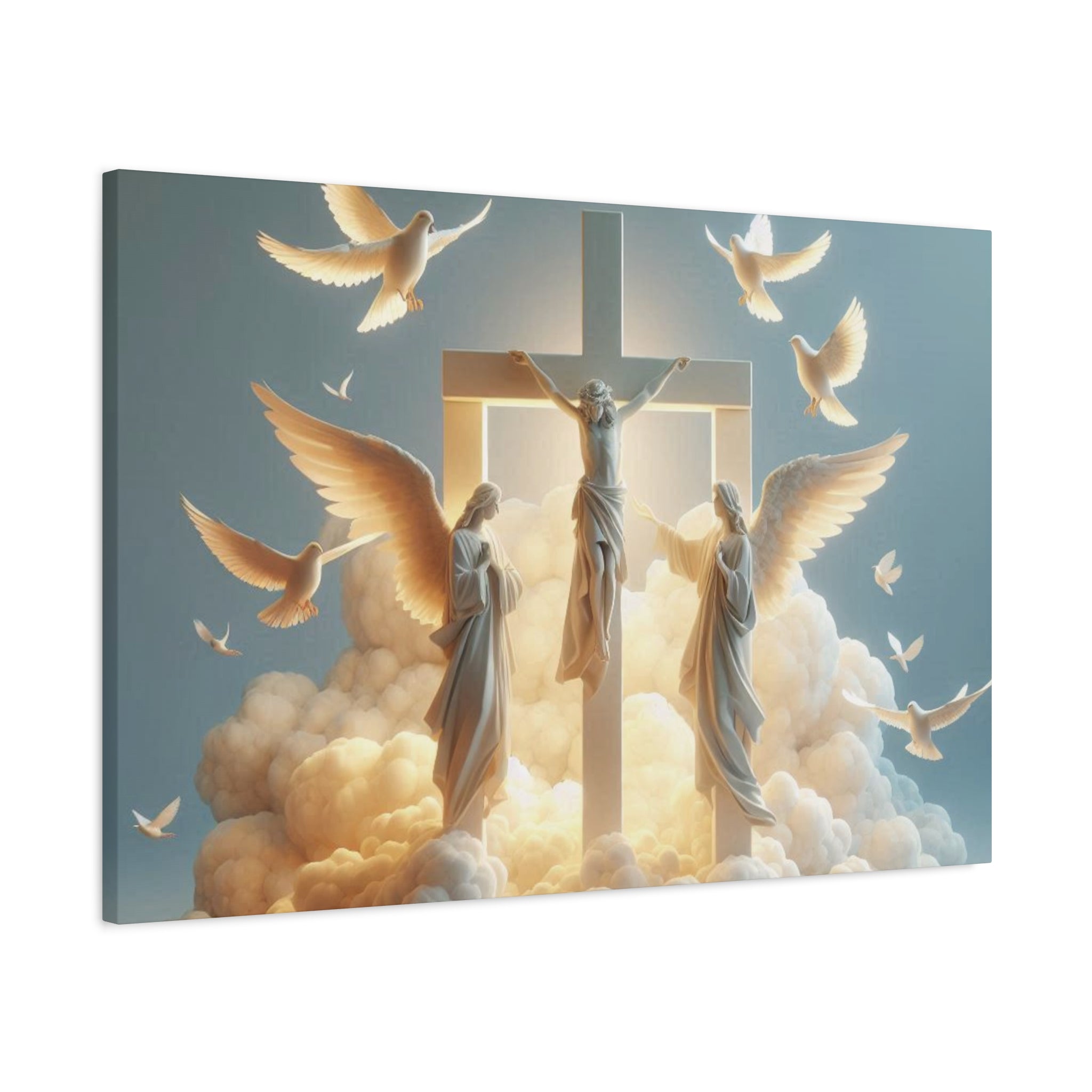 "Divine Light" Jesus on Cross Canvas | Christian Wall Art with Angels & Doves