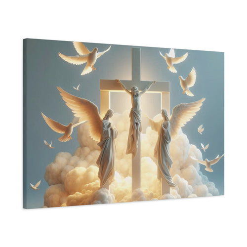 "Divine Light" Jesus on Cross Canvas | Christian Wall Art with Angels & Doves