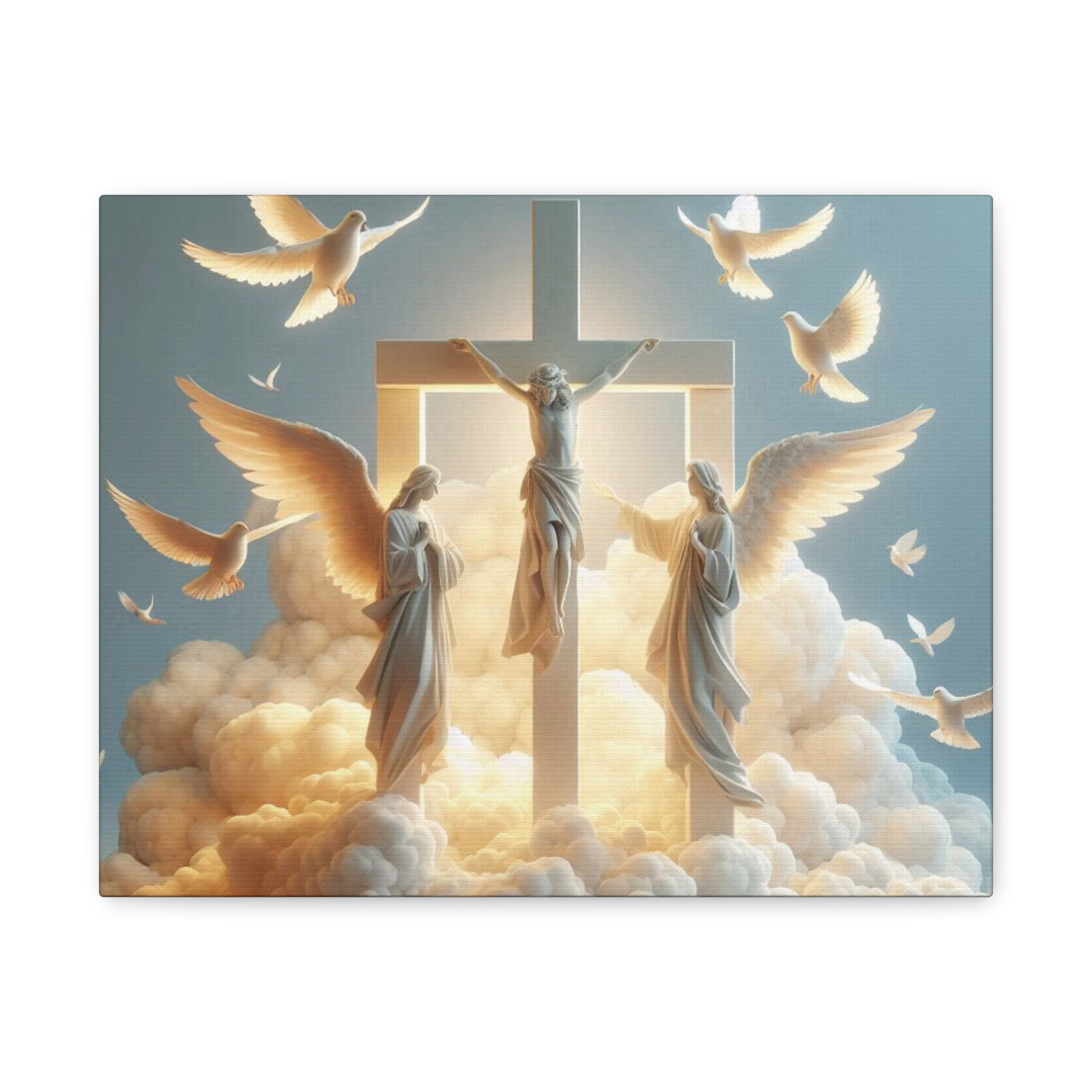 "Divine Light" Jesus on Cross Canvas | Christian Wall Art with Angels & Doves