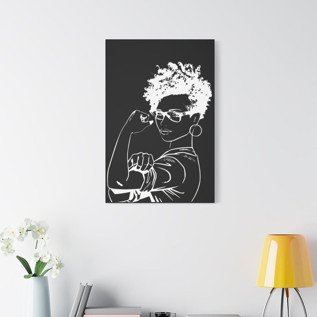 Canvas print of a black and white illustration of a woman with flowers on her head in a modern interior setting.