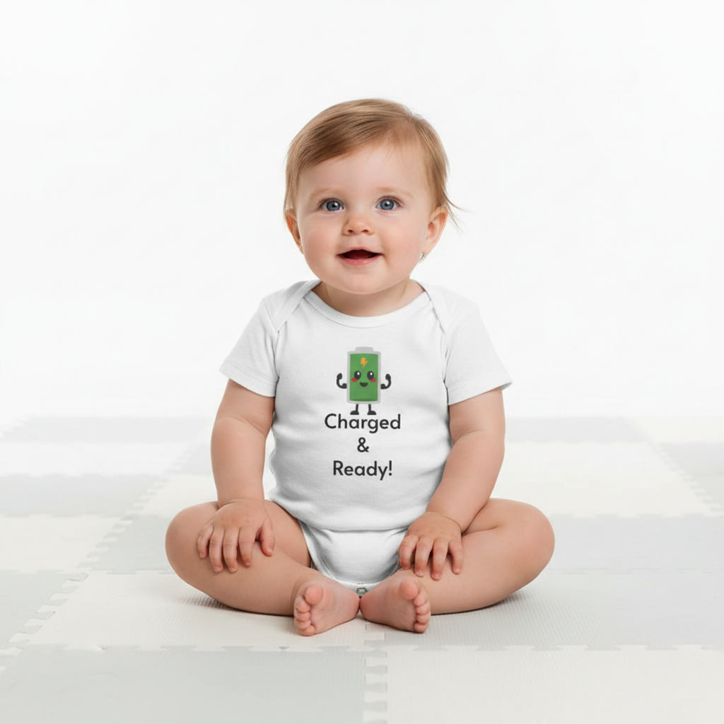 "Charged & Ready" Full Battery Baby Onesie | Funny High Energy Infant Bodysuit