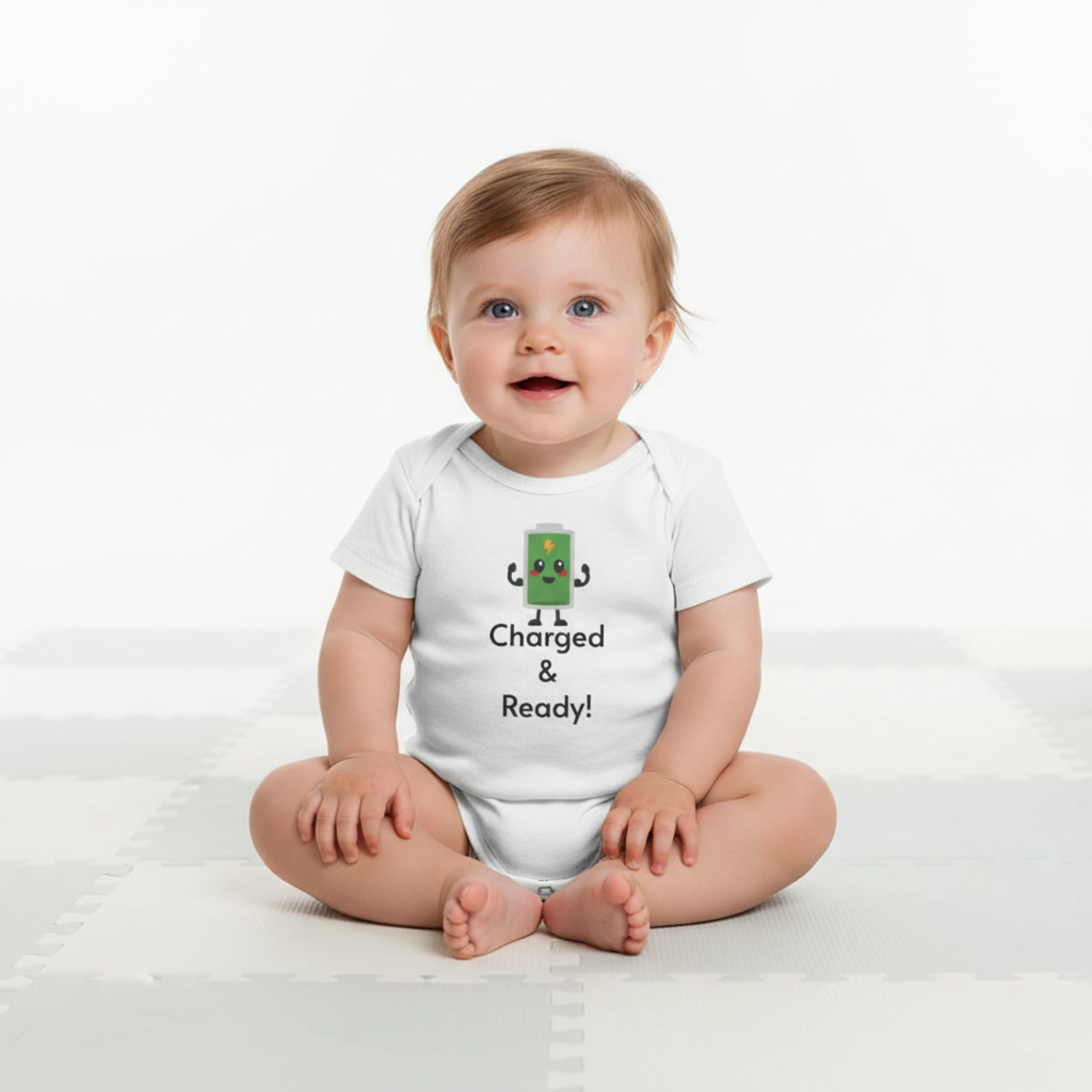 "Charged & Ready" Full Battery Baby Onesie | Funny High Energy Infant Bodysuit