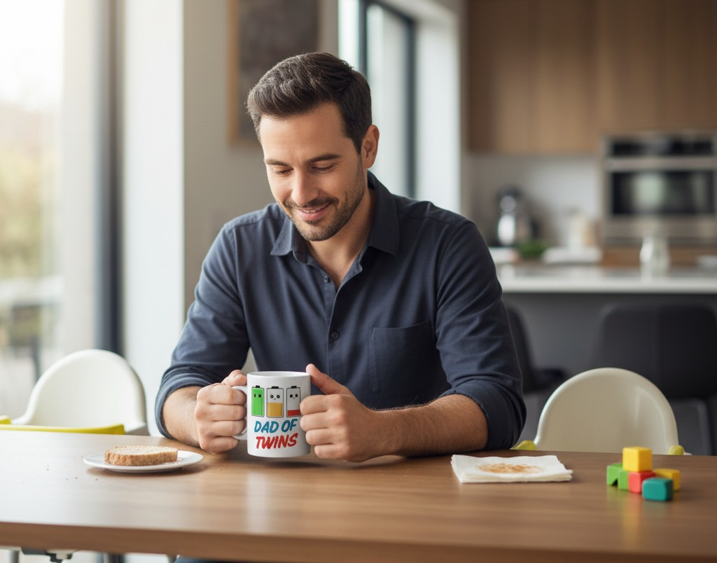 Man holding a mug with text in a kitchen setting